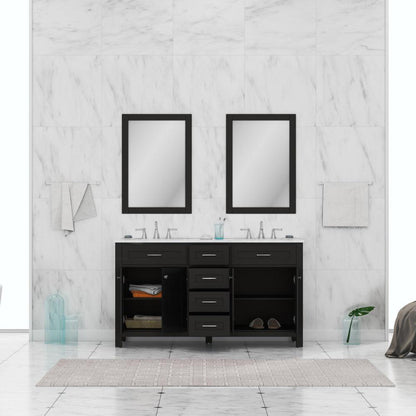 Alya Bath Norwalk 60" Double Espresso Freestanding  Bathroom Vanity With Carrara Marble Top, Ceramic Sinks and Two Mirrors