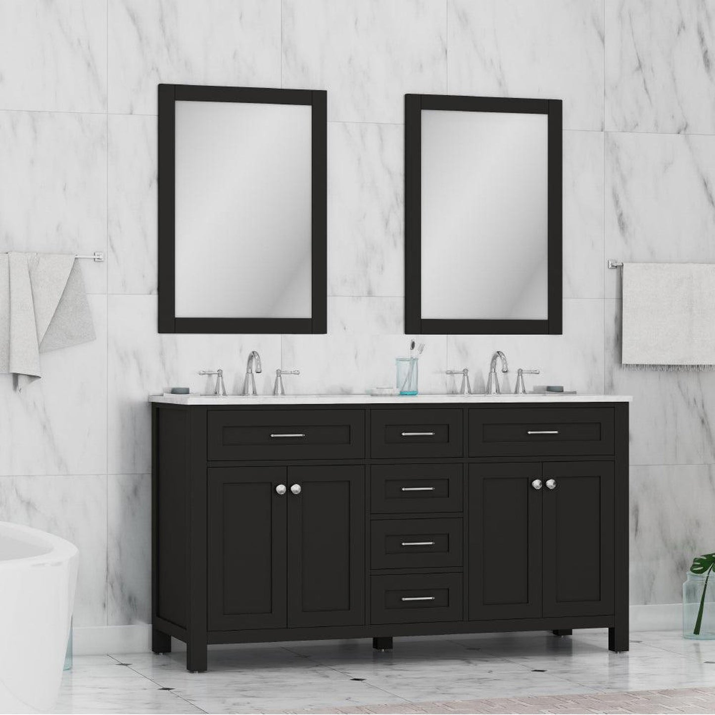 Alya Bath Norwalk 60" Double Espresso Freestanding  Bathroom Vanity With Carrara Marble Top, Ceramic Sinks and Two Mirrors