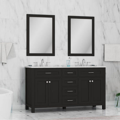 Alya Bath Norwalk 60" Double Espresso Freestanding  Bathroom Vanity With Carrara Marble Top, Ceramic Sinks and Two Mirrors