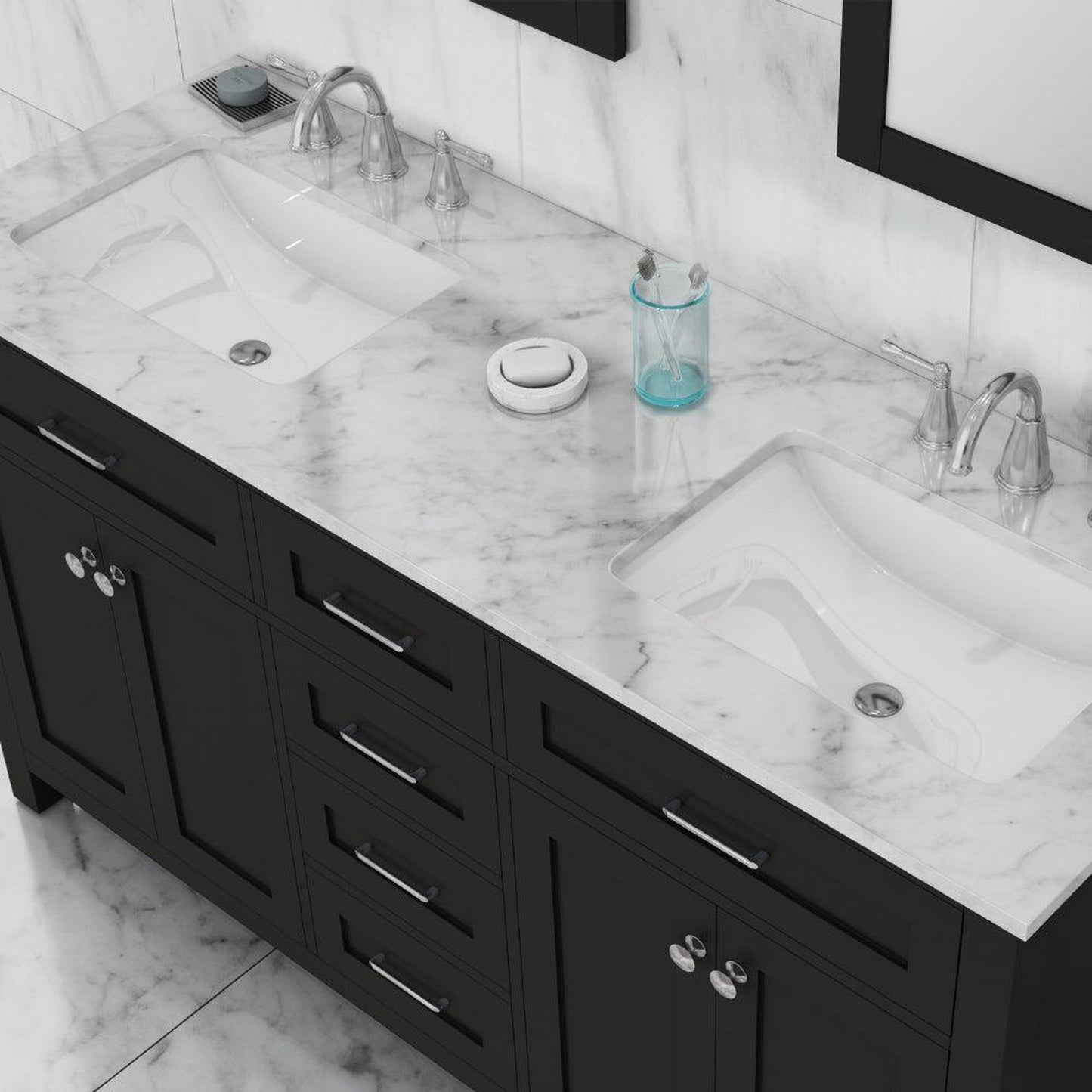 Alya Bath Norwalk 60" Double Espresso Freestanding  Bathroom Vanity With Carrara Marble Top, Ceramic Sinks and Two Mirrors