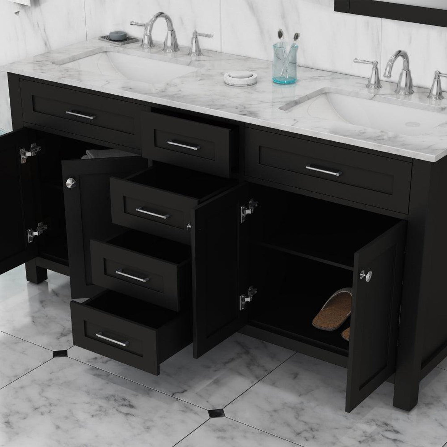 Alya Bath Norwalk 60" Double Espresso Freestanding  Bathroom Vanity With Carrara Marble Top, Ceramic Sinks and Two Mirrors