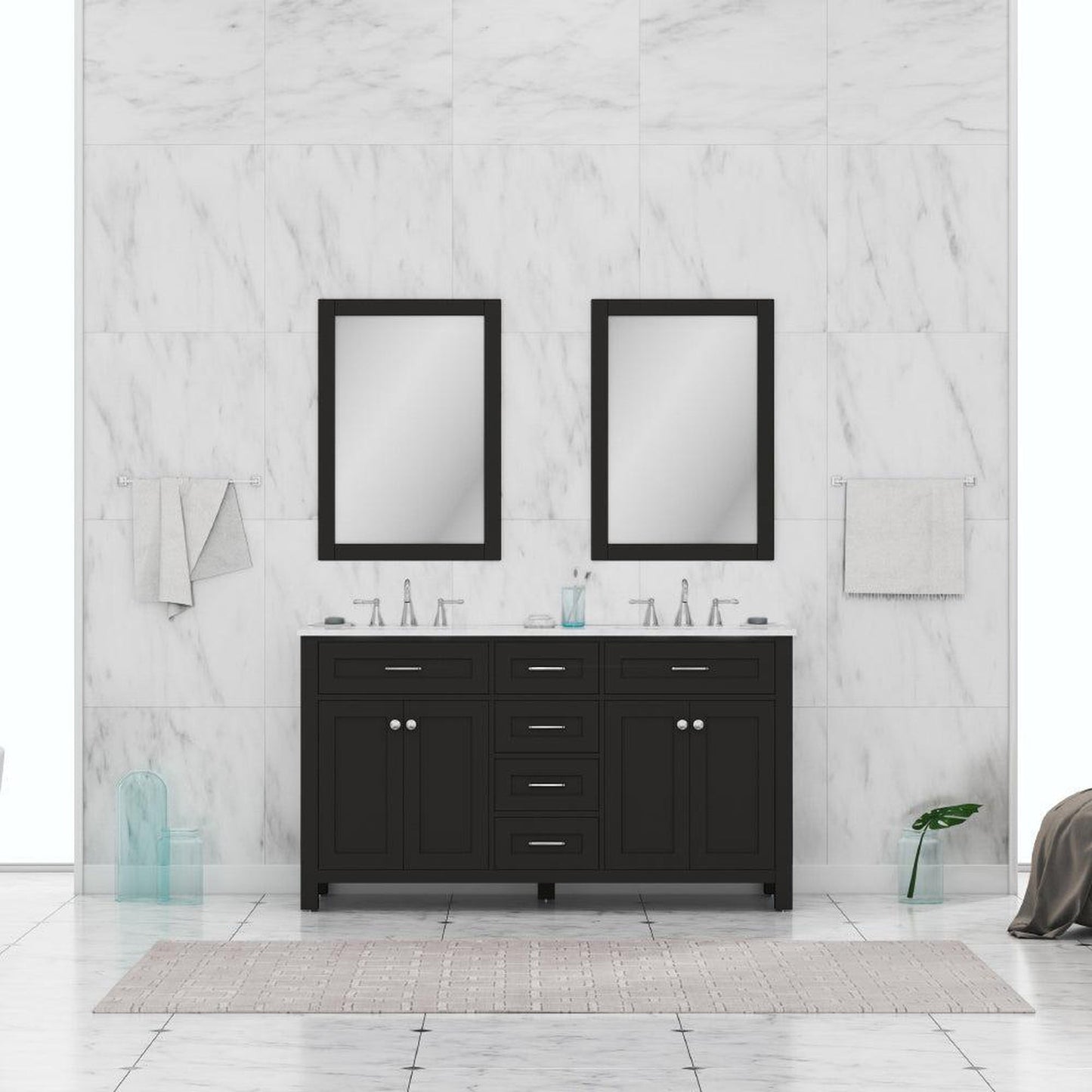 Alya Bath Norwalk 60" Double Espresso Freestanding  Bathroom Vanity With Carrara Marble Top, Ceramic Sinks and Two Mirrors