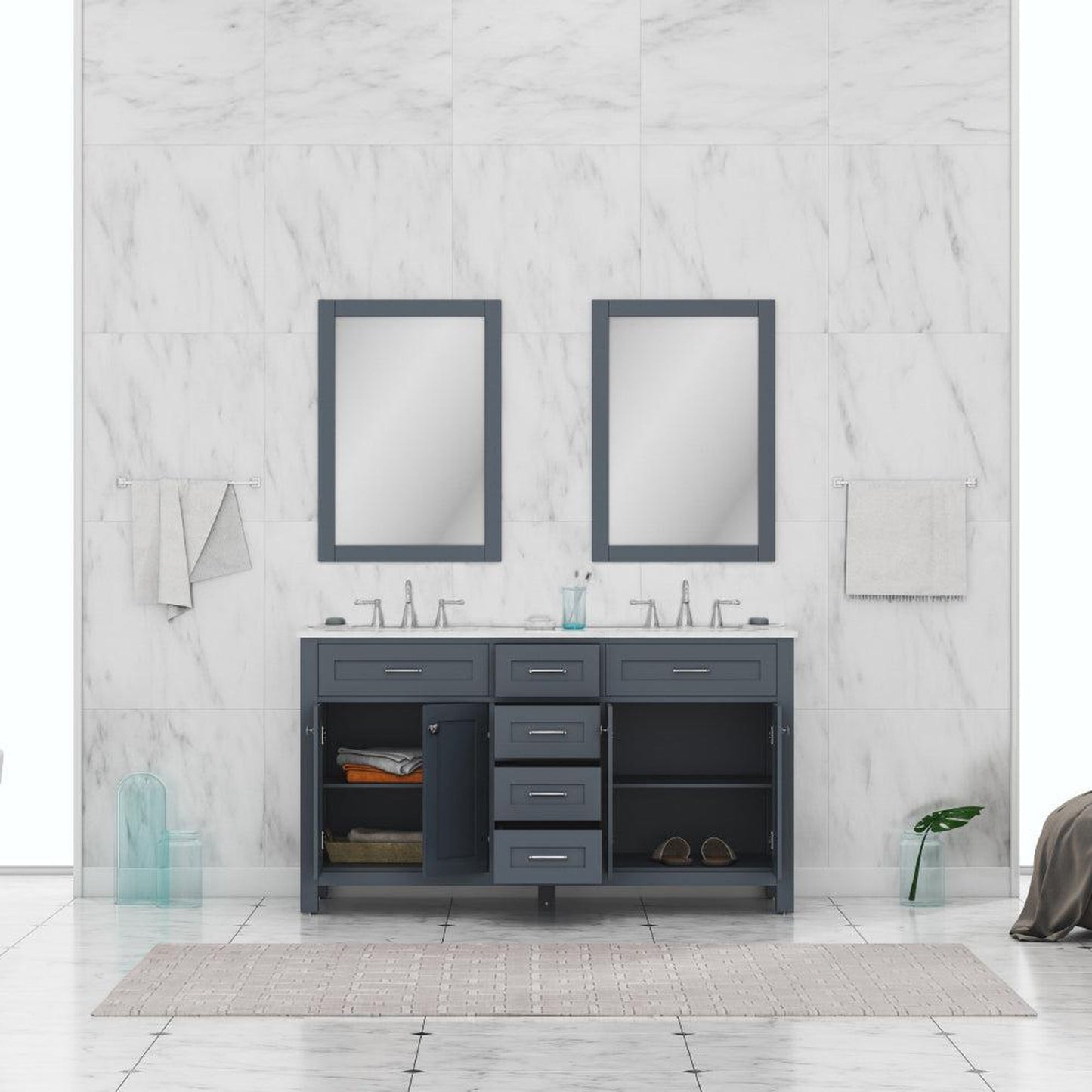 Alya Bath Norwalk 60" Double Gray Freestanding  Bathroom Vanity With Carrara Marble Top, Ceramic Sinks and Two Mirrors - HE-101-60D-G-CWMT + 2x HE-101/102-24-G-M