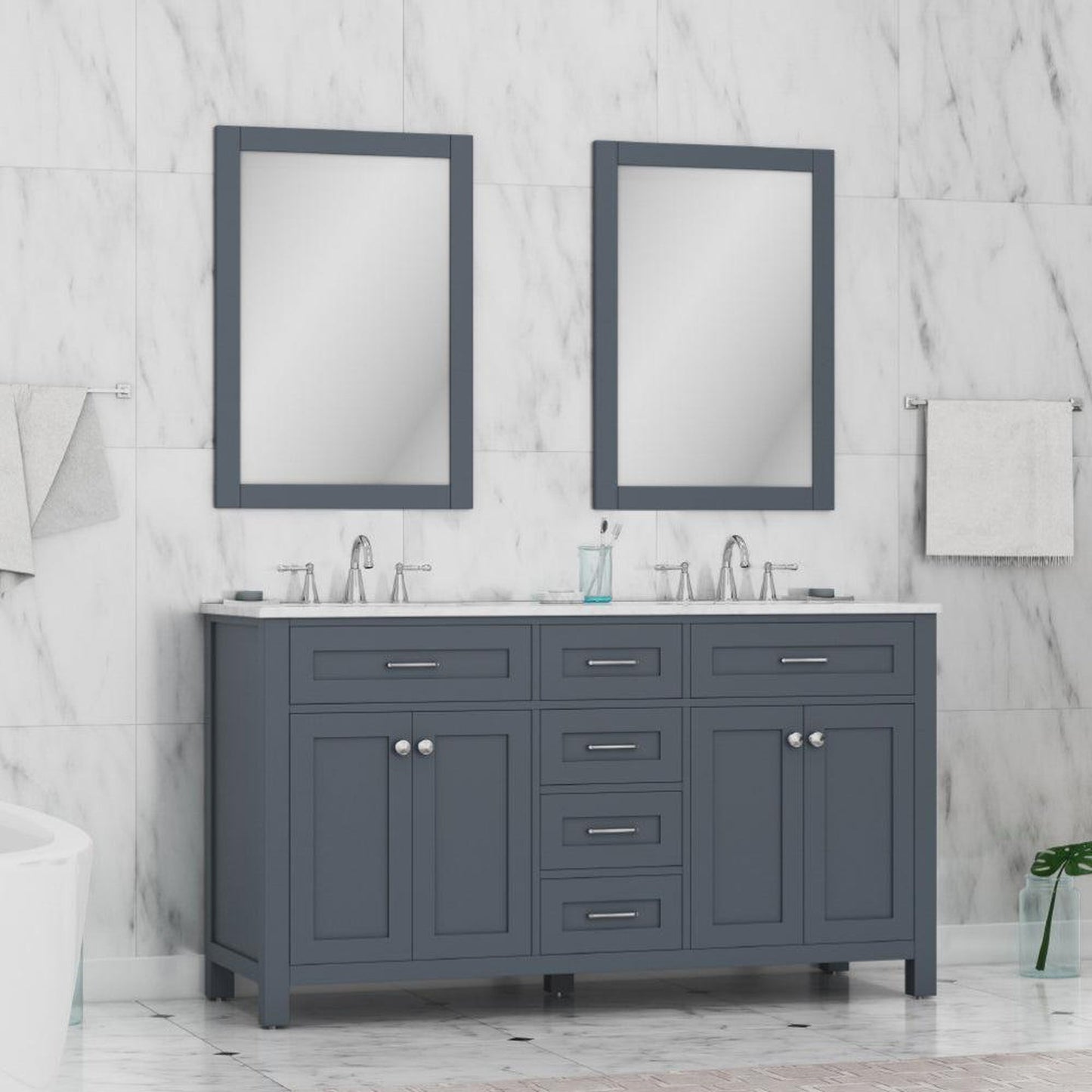Alya Bath Norwalk 60" Double Gray Freestanding  Bathroom Vanity With Carrara Marble Top, Ceramic Sinks and Two Mirrors - HE-101-60D-G-CWMT + 2x HE-101/102-24-G-M