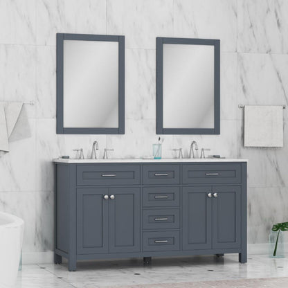 Alya Bath Norwalk 60" Double Gray Freestanding  Bathroom Vanity With Carrara Marble Top, Ceramic Sinks and Two Mirrors - HE-101-60D-G-CWMT + 2x HE-101/102-24-G-M