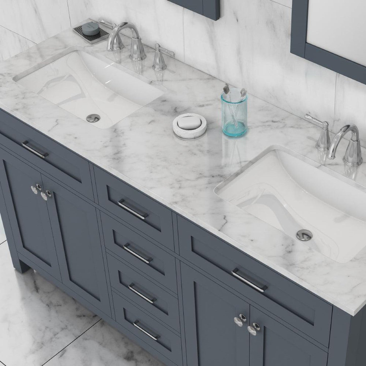 Alya Bath Norwalk 60" Double Gray Freestanding  Bathroom Vanity With Carrara Marble Top, Ceramic Sinks and Two Mirrors - HE-101-60D-G-CWMT + 2x HE-101/102-24-G-M
