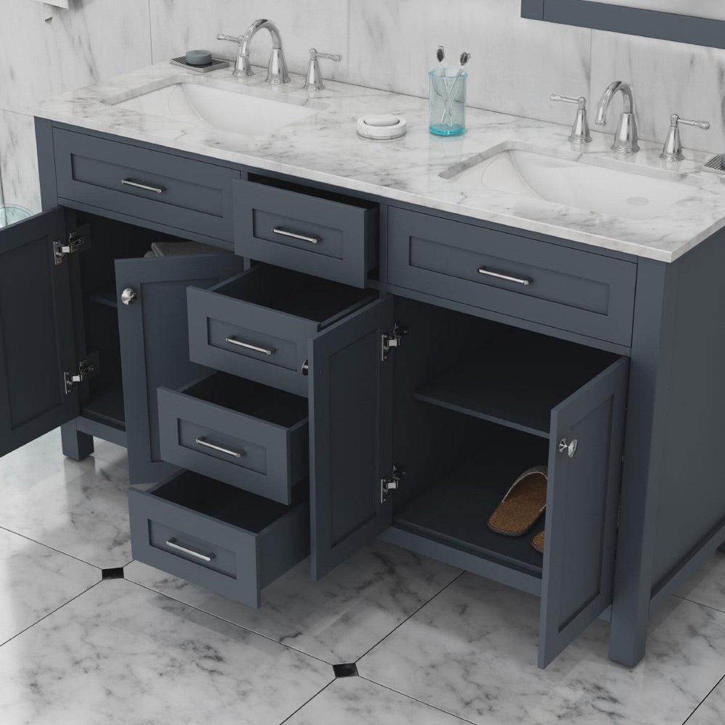 Alya Bath Norwalk 60" Double Gray Freestanding  Bathroom Vanity With Carrara Marble Top, Ceramic Sinks and Two Mirrors - HE-101-60D-G-CWMT + 2x HE-101/102-24-G-M
