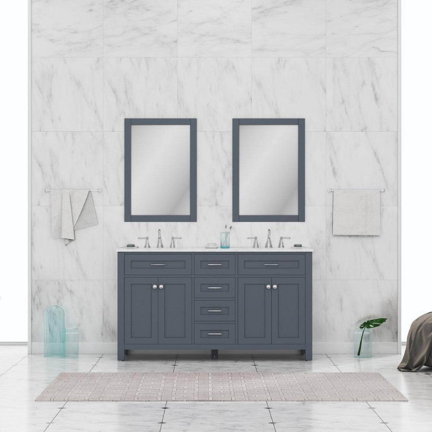 Alya Bath Norwalk 60" Double Gray Freestanding  Bathroom Vanity With Carrara Marble Top, Ceramic Sinks and Two Mirrors - HE-101-60D-G-CWMT + 2x HE-101/102-24-G-M