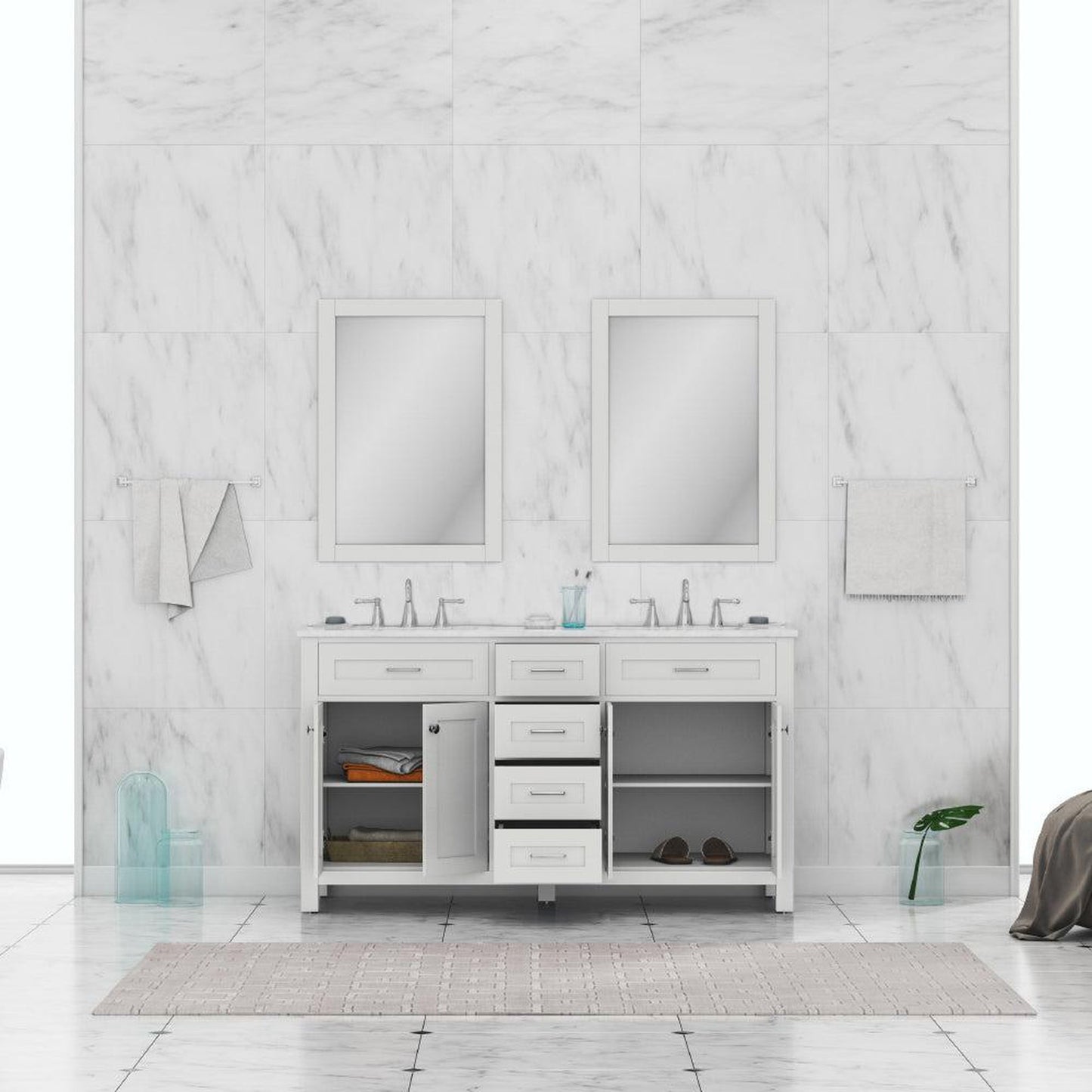 Alya Bath Norwalk 60" Double White Freestanding  Bathroom Vanity With Carrara Marble Top, Ceramic Sink and Two Mirrors - HE-101-60D-W-CWMT + 2x HE-101/102-24-W-M
