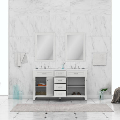 Alya Bath Norwalk 60" Double White Freestanding  Bathroom Vanity With Carrara Marble Top, Ceramic Sink and Two Mirrors - HE-101-60D-W-CWMT + 2x HE-101/102-24-W-M