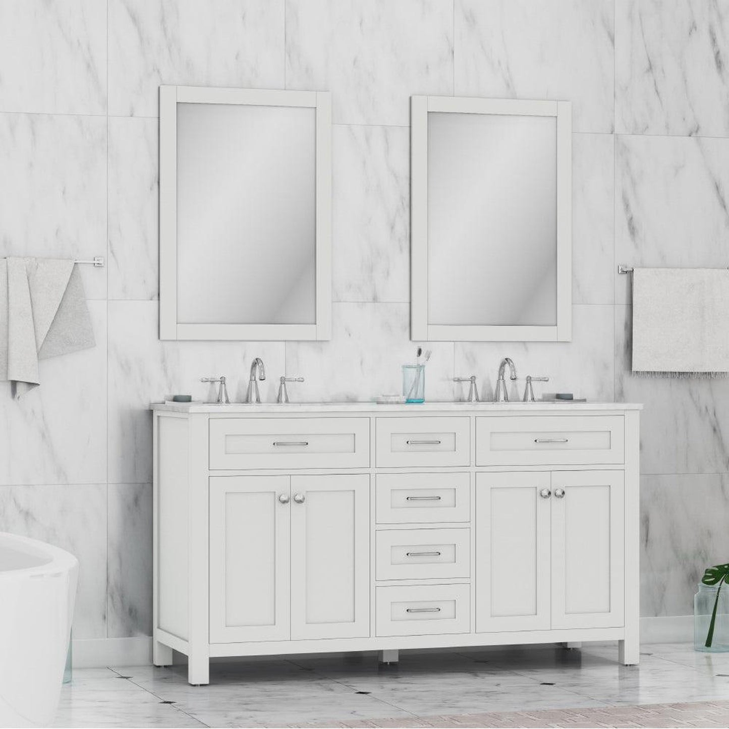 Alya Bath Norwalk 60" Double White Freestanding  Bathroom Vanity With Carrara Marble Top, Ceramic Sink and Two Mirrors - HE-101-60D-W-CWMT + 2x HE-101/102-24-W-M