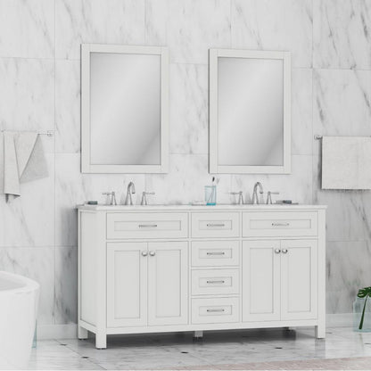 Alya Bath Norwalk 60" Double White Freestanding  Bathroom Vanity With Carrara Marble Top, Ceramic Sink and Two Mirrors - HE-101-60D-W-CWMT + 2x HE-101/102-24-W-M