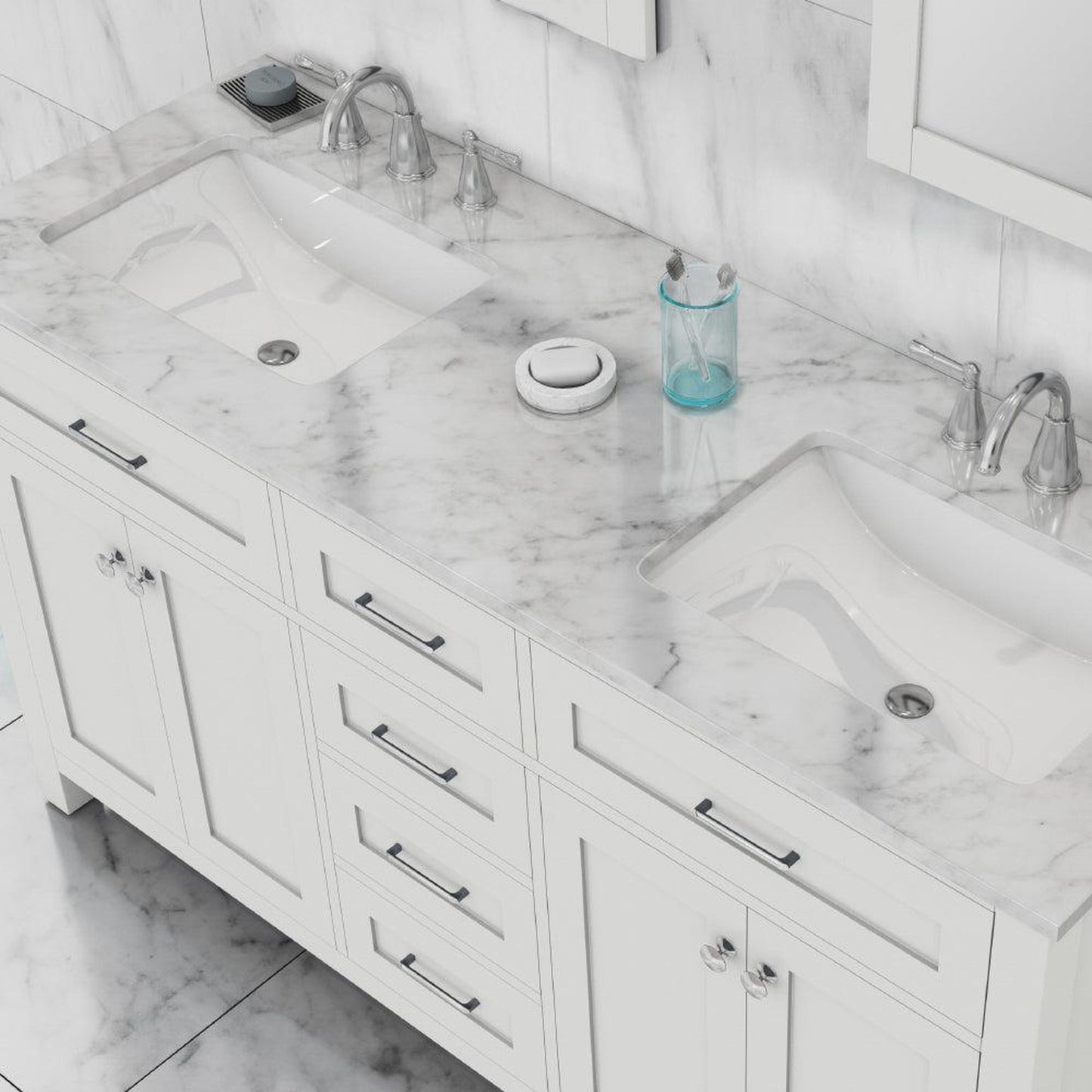 Alya Bath Norwalk 60" Double White Freestanding  Bathroom Vanity With Carrara Marble Top, Ceramic Sink and Two Mirrors - HE-101-60D-W-CWMT + 2x HE-101/102-24-W-M
