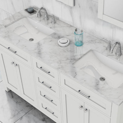 Alya Bath Norwalk 60" Double White Freestanding  Bathroom Vanity With Carrara Marble Top, Ceramic Sink and Two Mirrors - HE-101-60D-W-CWMT + 2x HE-101/102-24-W-M