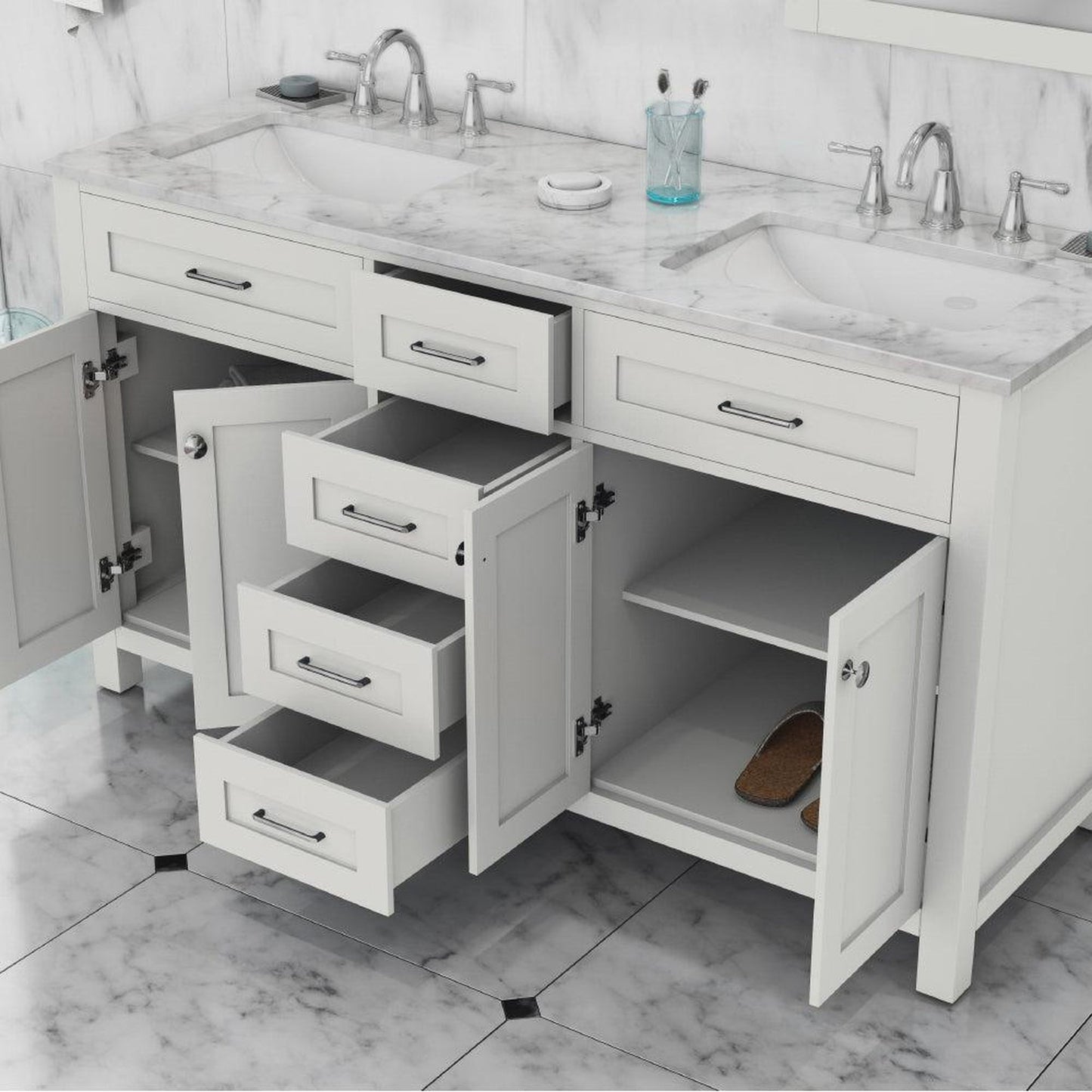 Alya Bath Norwalk 60" Double White Freestanding  Bathroom Vanity With Carrara Marble Top, Ceramic Sink and Two Mirrors - HE-101-60D-W-CWMT + 2x HE-101/102-24-W-M