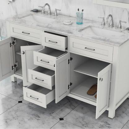 Alya Bath Norwalk 60" Double White Freestanding  Bathroom Vanity With Carrara Marble Top, Ceramic Sink and Two Mirrors - HE-101-60D-W-CWMT + 2x HE-101/102-24-W-M