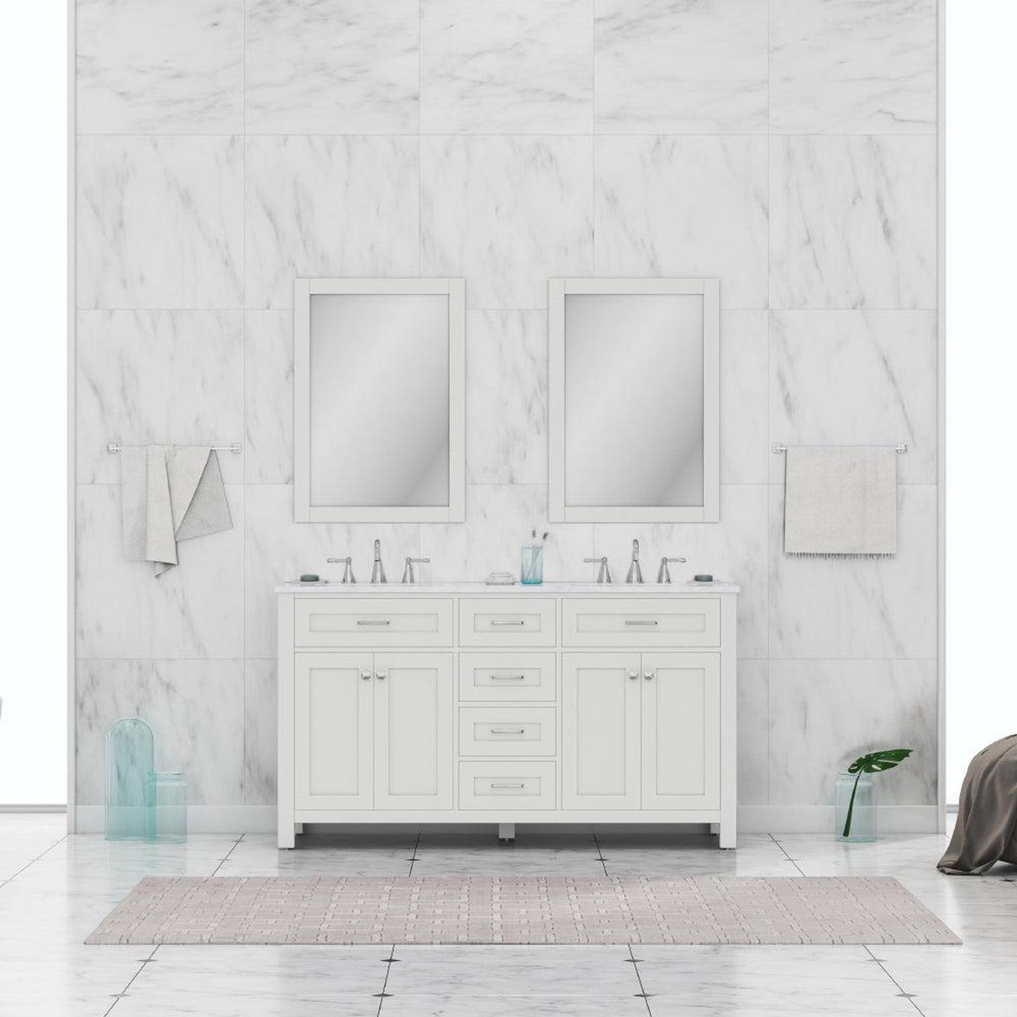 Alya Bath Norwalk 60" Double White Freestanding  Bathroom Vanity With Carrara Marble Top, Ceramic Sink and Two Mirrors - HE-101-60D-W-CWMT + 2x HE-101/102-24-W-M