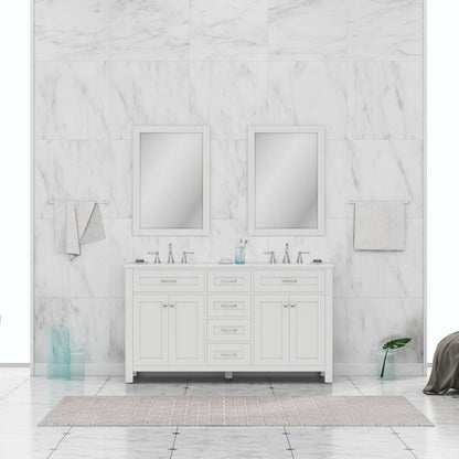 Alya Bath Norwalk 60" Double White Freestanding  Bathroom Vanity With Carrara Marble Top, Ceramic Sink and Two Mirrors - HE-101-60D-W-CWMT + 2x HE-101/102-24-W-M
