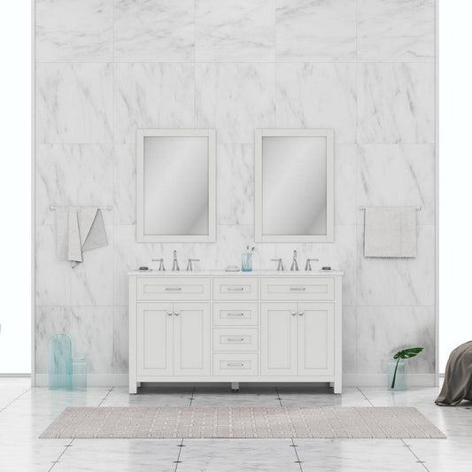 Alya Bath Norwalk 60" Double White Freestanding  Bathroom Vanity With Carrara Marble Top, Ceramic Sink and Two Mirrors - HE-101-60D-W-CWMT + 2x HE-101/102-24-W-M
