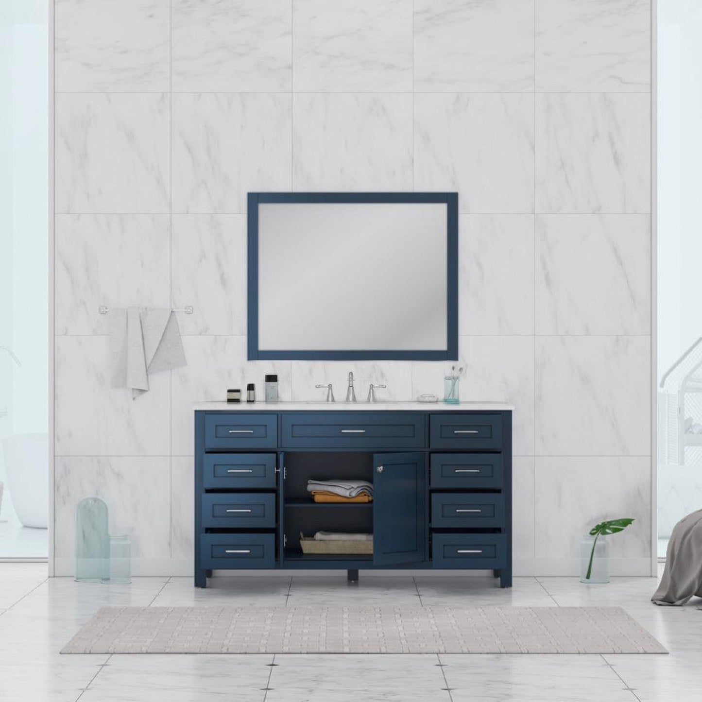Alya Bath Norwalk 60" Single Blue Freestanding Bathroom Vanity With Carrara Marble Top, Ceramic Sink and Wall Mounted Mirror - HE-101-60S-B-CWMT