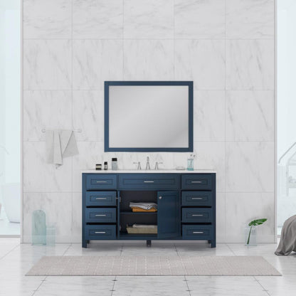 Alya Bath Norwalk 60" Single Blue Freestanding Bathroom Vanity With Carrara Marble Top, Ceramic Sink and Wall Mounted Mirror - HE-101-60S-B-CWMT