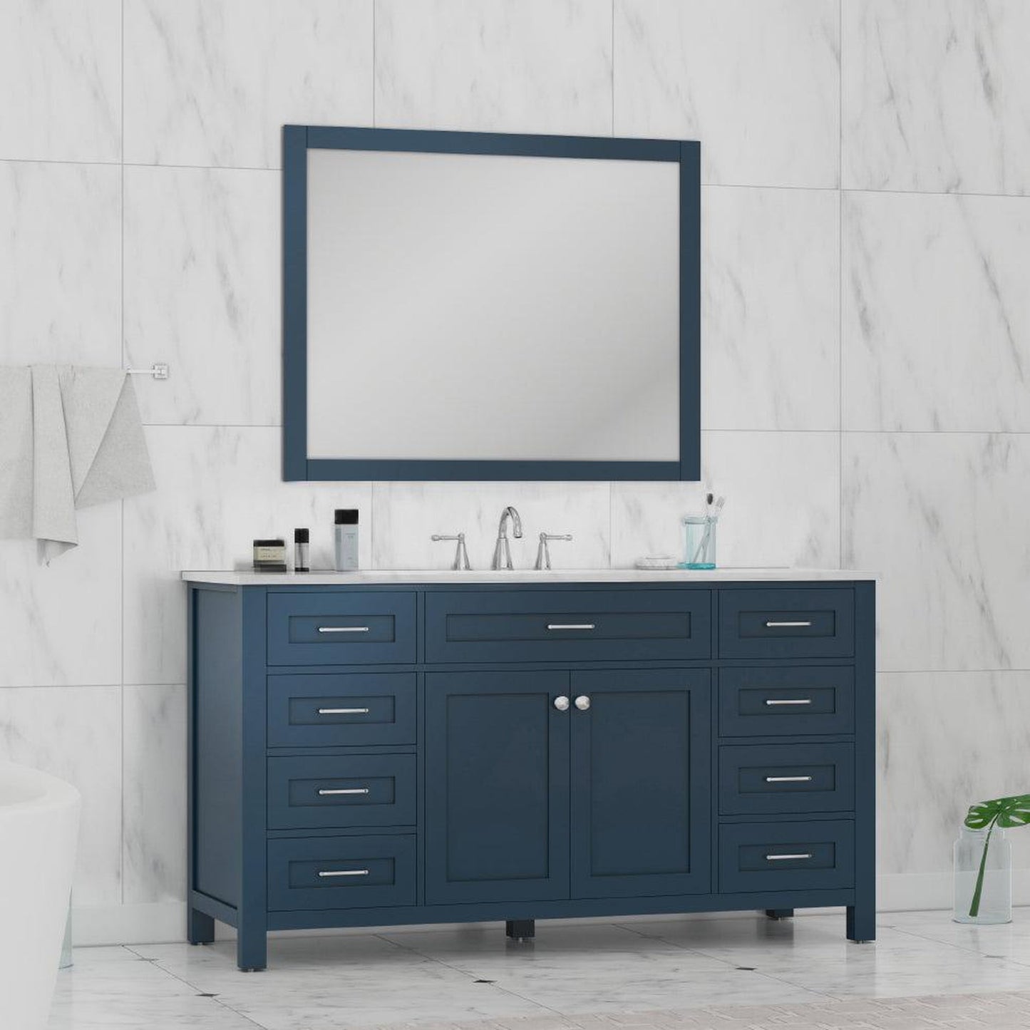 Alya Bath Norwalk 60" Single Blue Freestanding Bathroom Vanity With Carrara Marble Top, Ceramic Sink and Wall Mounted Mirror - HE-101-60S-B-CWMT