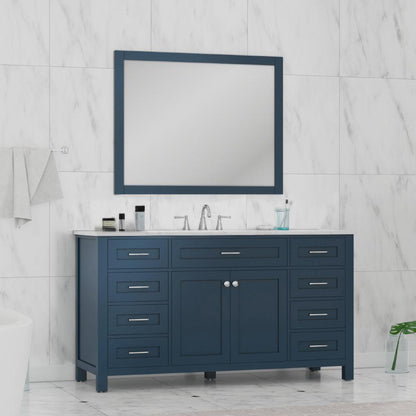Alya Bath Norwalk 60" Single Blue Freestanding Bathroom Vanity With Carrara Marble Top, Ceramic Sink and Wall Mounted Mirror - HE-101-60S-B-CWMT