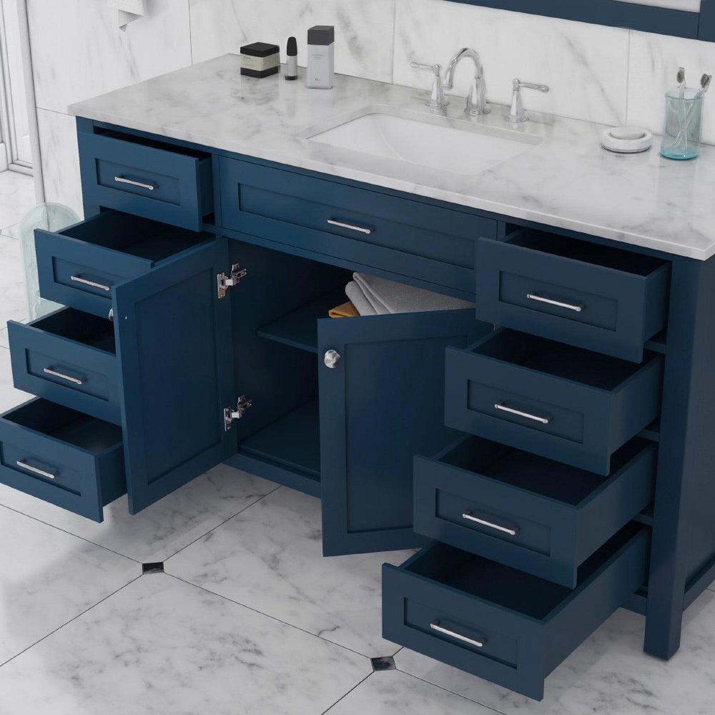 Alya Bath Norwalk 60" Single Blue Freestanding Bathroom Vanity With Carrara Marble Top, Ceramic Sink and Wall Mounted Mirror - HE-101-60S-B-CWMT