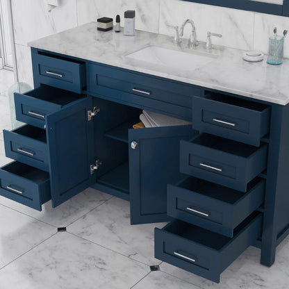 Alya Bath Norwalk 60" Single Blue Freestanding Bathroom Vanity With Carrara Marble Top, Ceramic Sink and Wall Mounted Mirror - HE-101-60S-B-CWMT