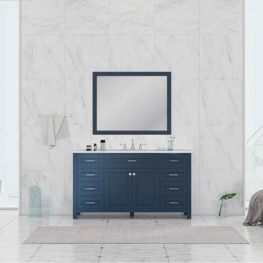 Alya Bath Norwalk 60" Single Blue Freestanding Bathroom Vanity With Carrara Marble Top, Ceramic Sink and Wall Mounted Mirror - HE-101-60S-B-CWMT