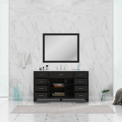 Alya Bath Norwalk 60" Single Espresso Freestanding  Bathroom Vanity With Carrara Marble Top, Ceramic Sink and Wall Mounted Mirror - HE-101-60S-E-CWMT + AT-48-M-B