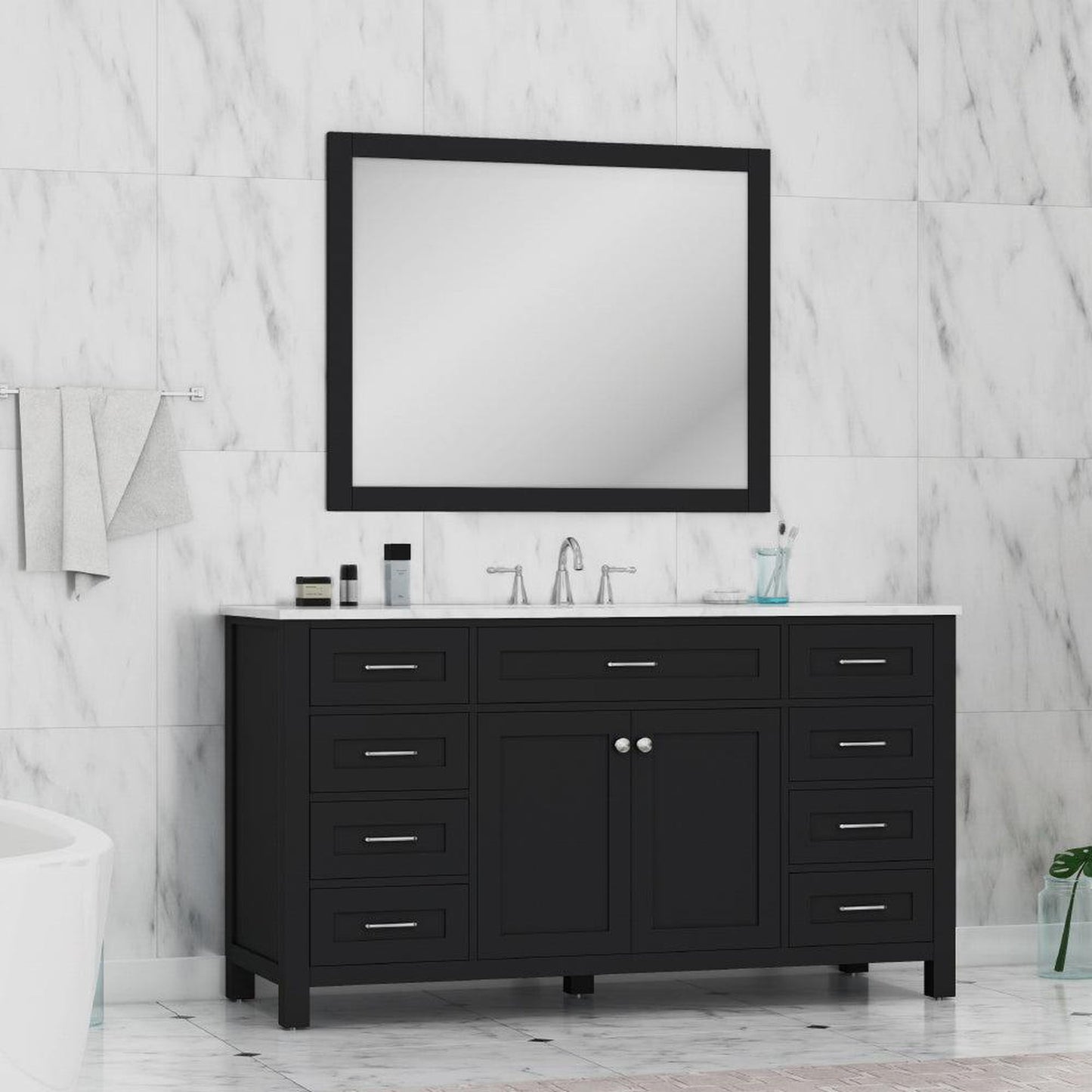 Alya Bath Norwalk 60" Single Espresso Freestanding  Bathroom Vanity With Carrara Marble Top, Ceramic Sink and Wall Mounted Mirror - HE-101-60S-E-CWMT + AT-48-M-B