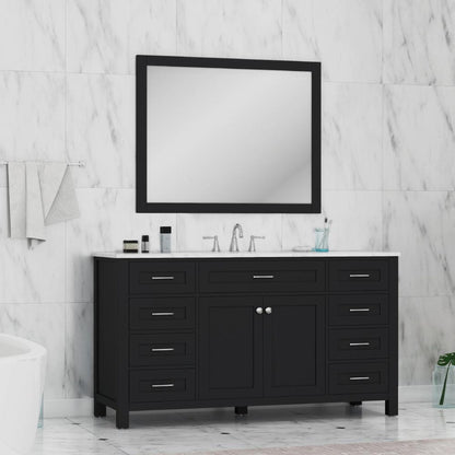 Alya Bath Norwalk 60" Single Espresso Freestanding  Bathroom Vanity With Carrara Marble Top, Ceramic Sink and Wall Mounted Mirror - HE-101-60S-E-CWMT + AT-48-M-B