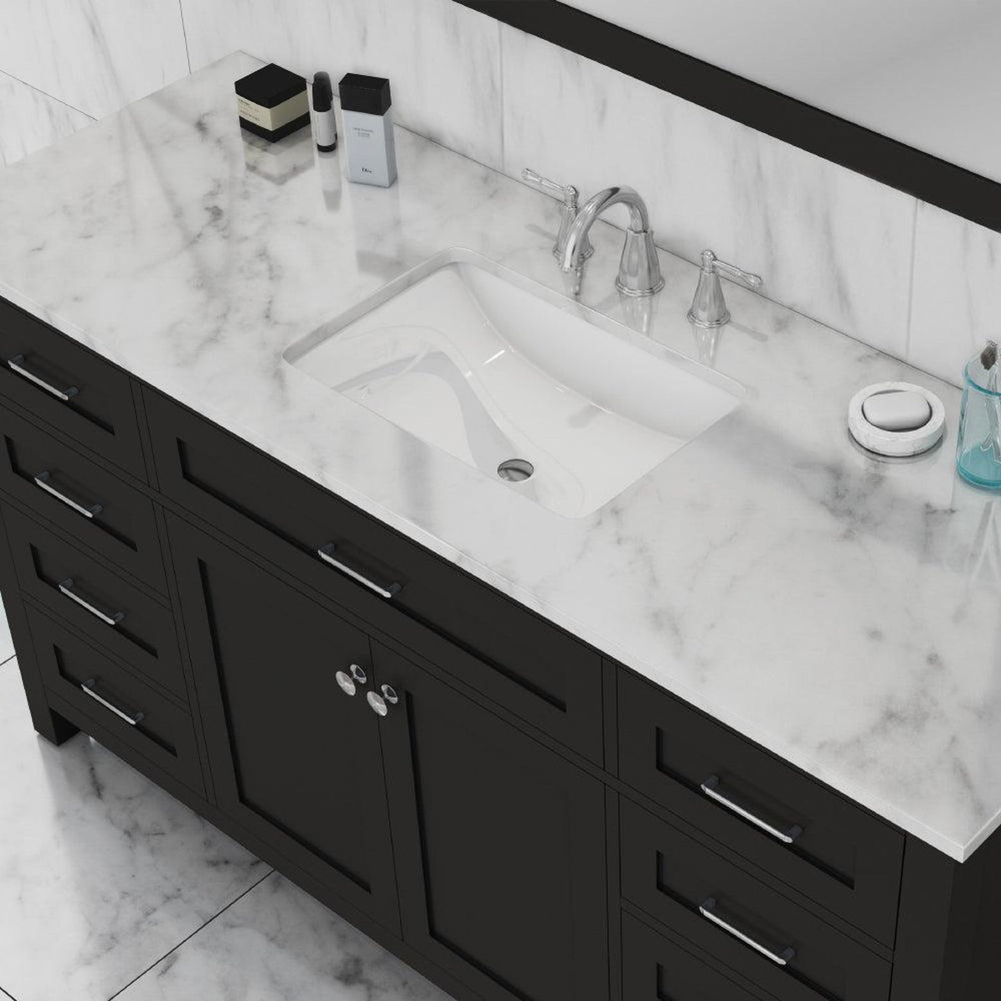 Alya Bath Norwalk 60" Single Espresso Freestanding  Bathroom Vanity With Carrara Marble Top, Ceramic Sink and Wall Mounted Mirror - HE-101-60S-E-CWMT + AT-48-M-B