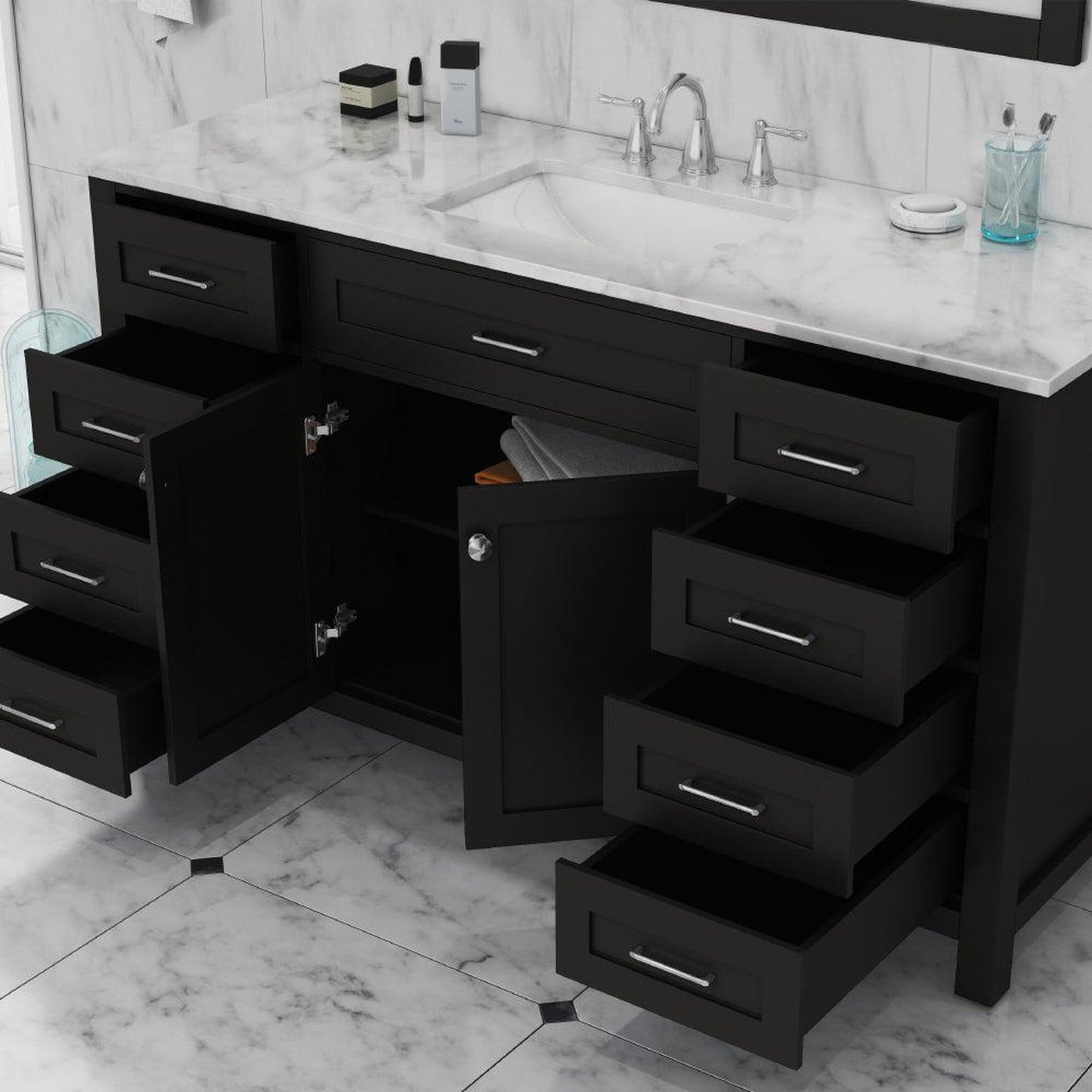 Alya Bath Norwalk 60" Single Espresso Freestanding  Bathroom Vanity With Carrara Marble Top, Ceramic Sink and Wall Mounted Mirror - HE-101-60S-E-CWMT + AT-48-M-B
