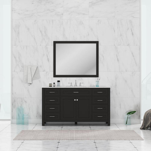 Alya Bath Norwalk 60" Single Espresso Freestanding  Bathroom Vanity With Carrara Marble Top, Ceramic Sink and Wall Mounted Mirror - HE-101-60S-E-CWMT + AT-48-M-B