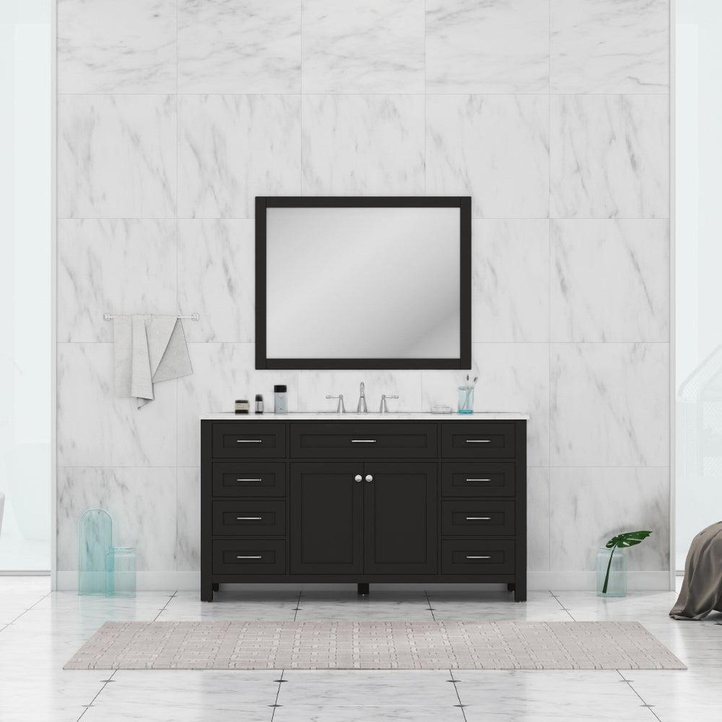 Alya Bath Norwalk 60" Single Espresso Freestanding  Bathroom Vanity With Carrara Marble Top, Ceramic Sink and Wall Mounted Mirror - HE-101-60S-E-CWMT + AT-48-M-B