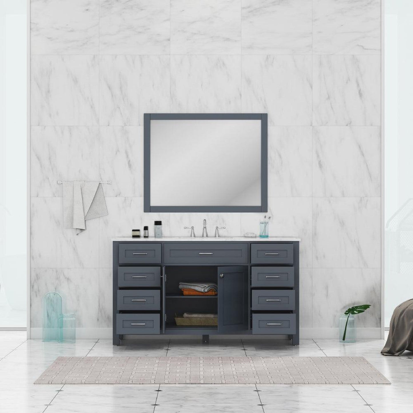 Alya Bath Norwalk 60" Single Gray Freestanding  Bathroom Vanity With Carrara Marble Top, Ceramic Sink and Wall Mounted Mirror - HE-101-60S-G-CWMT + AT-48-M-G