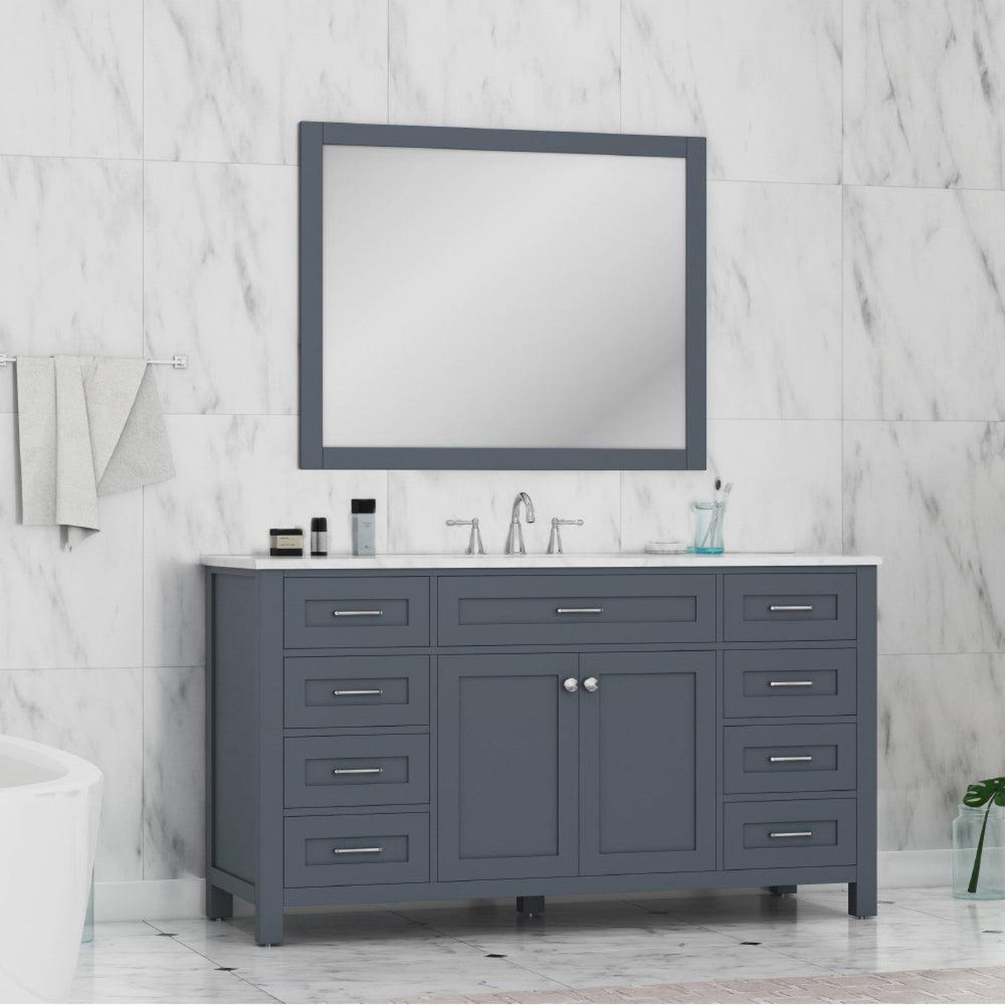 Alya Bath Norwalk 60" Single Gray Freestanding  Bathroom Vanity With Carrara Marble Top, Ceramic Sink and Wall Mounted Mirror - HE-101-60S-G-CWMT + AT-48-M-G