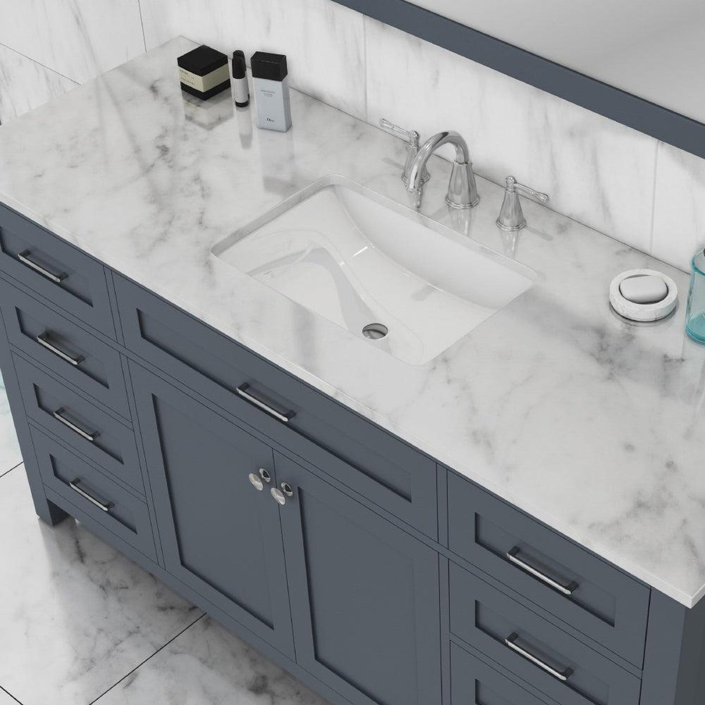 Alya Bath Norwalk 60" Single Gray Freestanding  Bathroom Vanity With Carrara Marble Top, Ceramic Sink and Wall Mounted Mirror - HE-101-60S-G-CWMT + AT-48-M-G