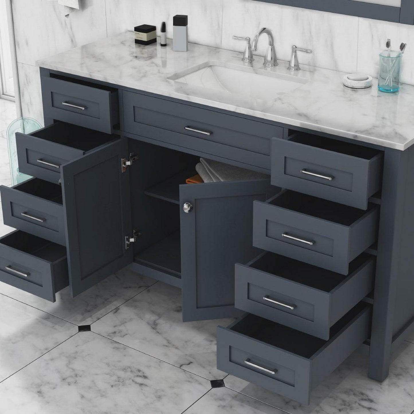 Alya Bath Norwalk 60" Single Gray Freestanding  Bathroom Vanity With Carrara Marble Top, Ceramic Sink and Wall Mounted Mirror - HE-101-60S-G-CWMT + AT-48-M-G