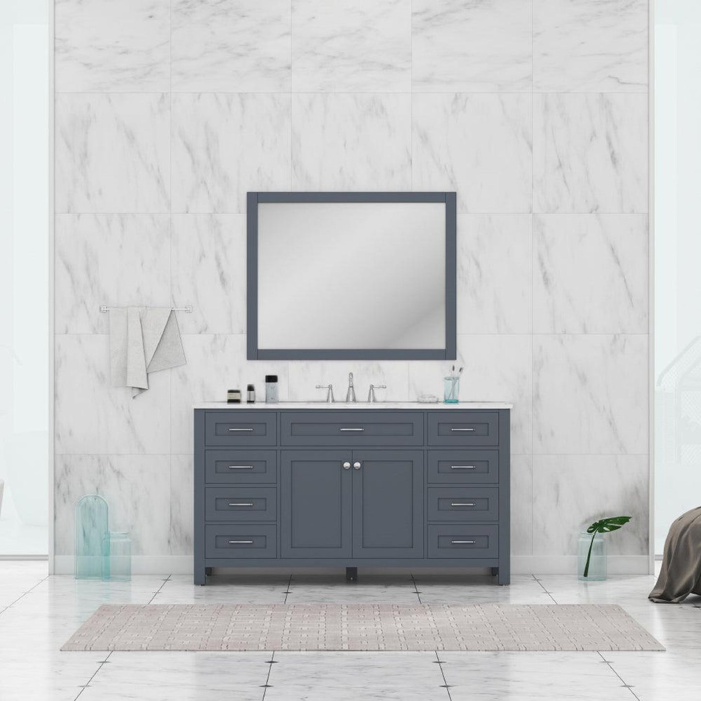 Alya Bath Norwalk 60" Single Gray Freestanding  Bathroom Vanity With Carrara Marble Top, Ceramic Sink and Wall Mounted Mirror - HE-101-60S-G-CWMT + AT-48-M-G