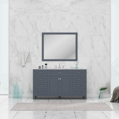 Alya Bath Norwalk 60" Single Gray Freestanding  Bathroom Vanity With Carrara Marble Top, Ceramic Sink and Wall Mounted Mirror - HE-101-60S-G-CWMT + AT-48-M-G