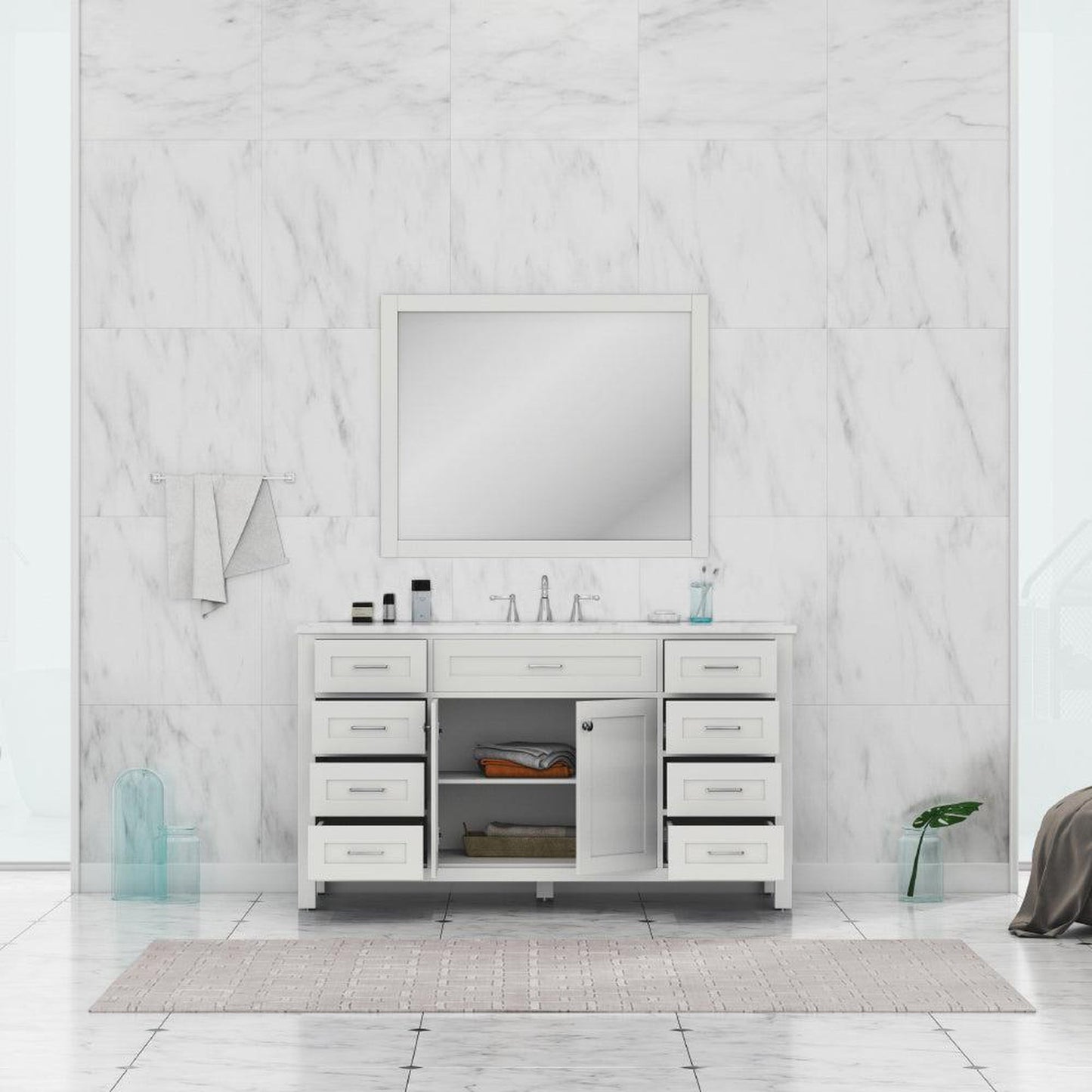 Alya Bath Norwalk 60" Single White Freestanding  Bathroom Vanity With Carrara Marble Top, Ceramic Sink with Wall Mounted Mirror - HE-101-60S-W-CWMT + AT-48-M-W