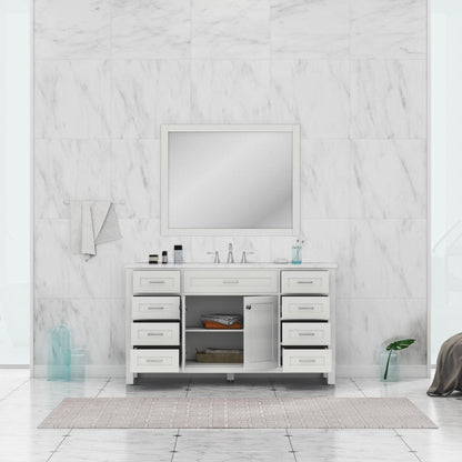 Alya Bath Norwalk 60" Single White Freestanding  Bathroom Vanity With Carrara Marble Top, Ceramic Sink with Wall Mounted Mirror - HE-101-60S-W-CWMT + AT-48-M-W