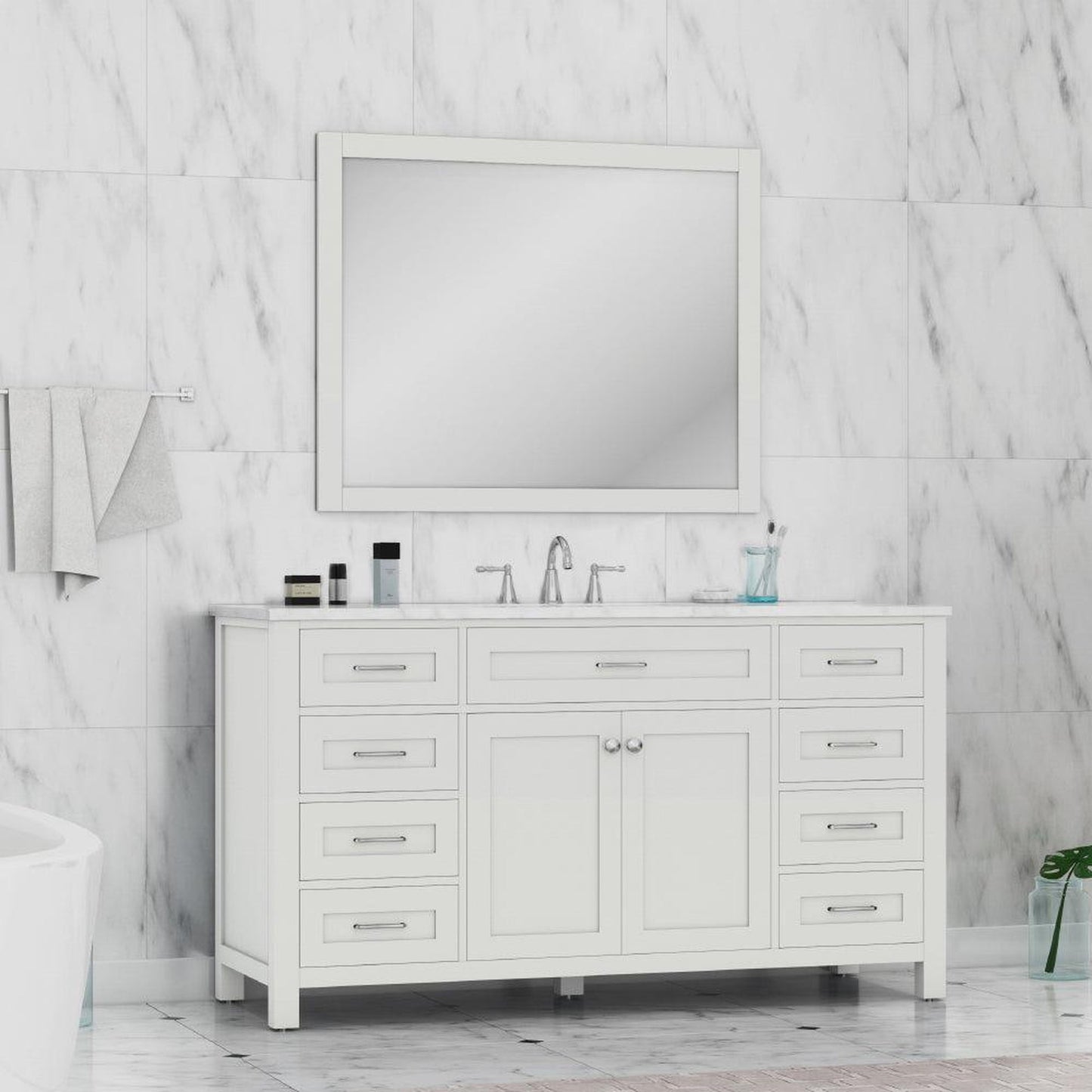 Alya Bath Norwalk 60" Single White Freestanding  Bathroom Vanity With Carrara Marble Top, Ceramic Sink with Wall Mounted Mirror - HE-101-60S-W-CWMT + AT-48-M-W