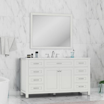 Alya Bath Norwalk 60" Single White Freestanding  Bathroom Vanity With Carrara Marble Top, Ceramic Sink with Wall Mounted Mirror - HE-101-60S-W-CWMT + AT-48-M-W