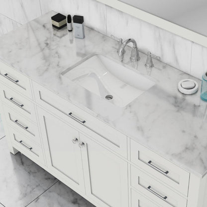 Alya Bath Norwalk 60" Single White Freestanding  Bathroom Vanity With Carrara Marble Top, Ceramic Sink with Wall Mounted Mirror - HE-101-60S-W-CWMT + AT-48-M-W