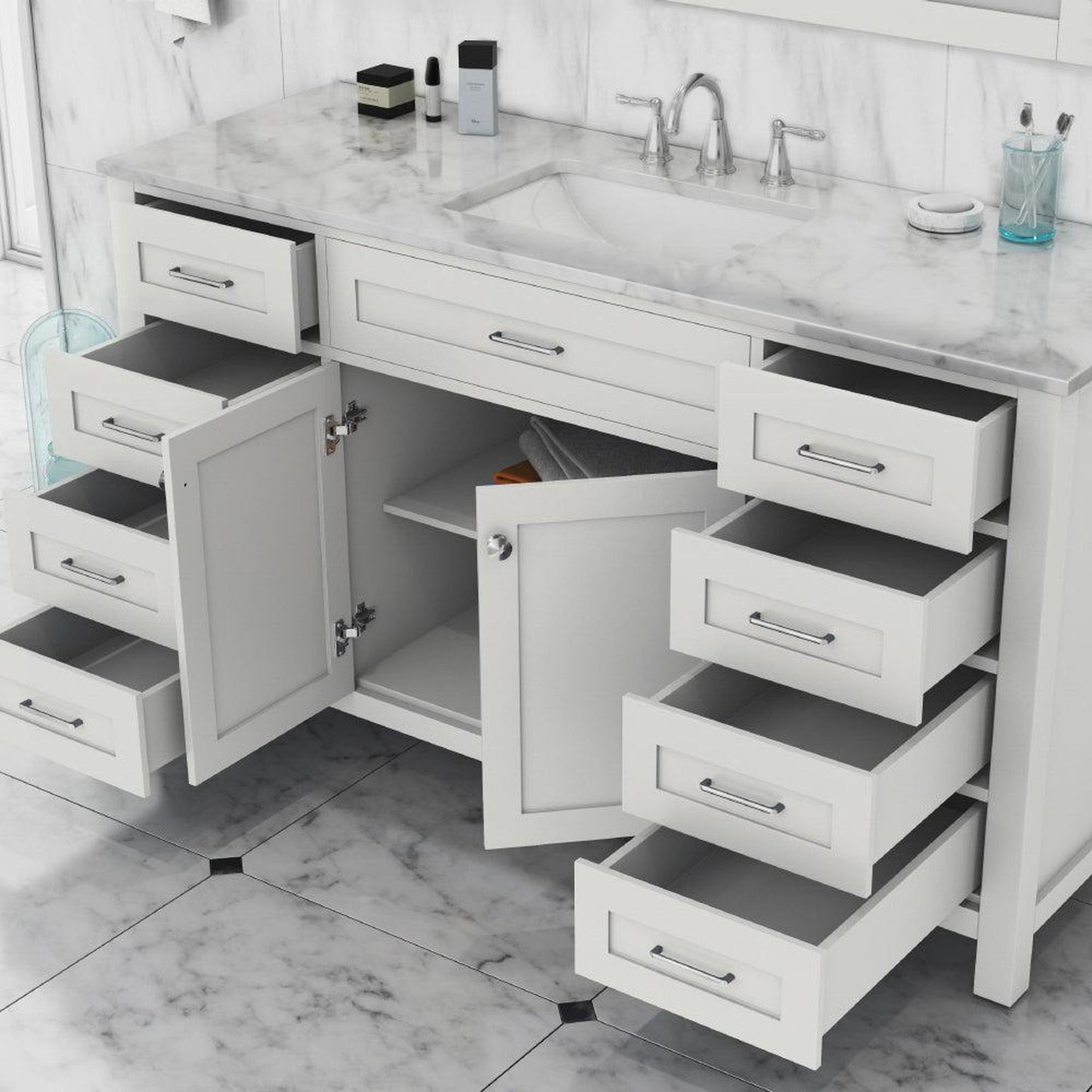 Alya Bath Norwalk 60" Single White Freestanding  Bathroom Vanity With Carrara Marble Top, Ceramic Sink with Wall Mounted Mirror - HE-101-60S-W-CWMT + AT-48-M-W