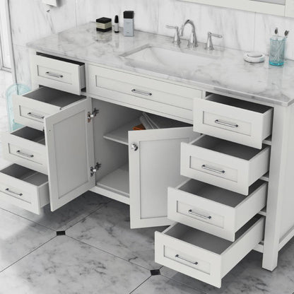 Alya Bath Norwalk 60" Single White Freestanding  Bathroom Vanity With Carrara Marble Top, Ceramic Sink with Wall Mounted Mirror - HE-101-60S-W-CWMT + AT-48-M-W